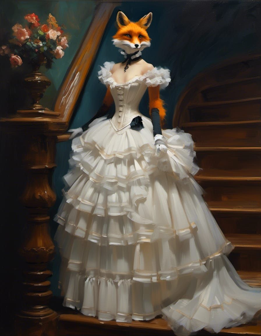 Fox in Flowing Dress on Grand Staircase