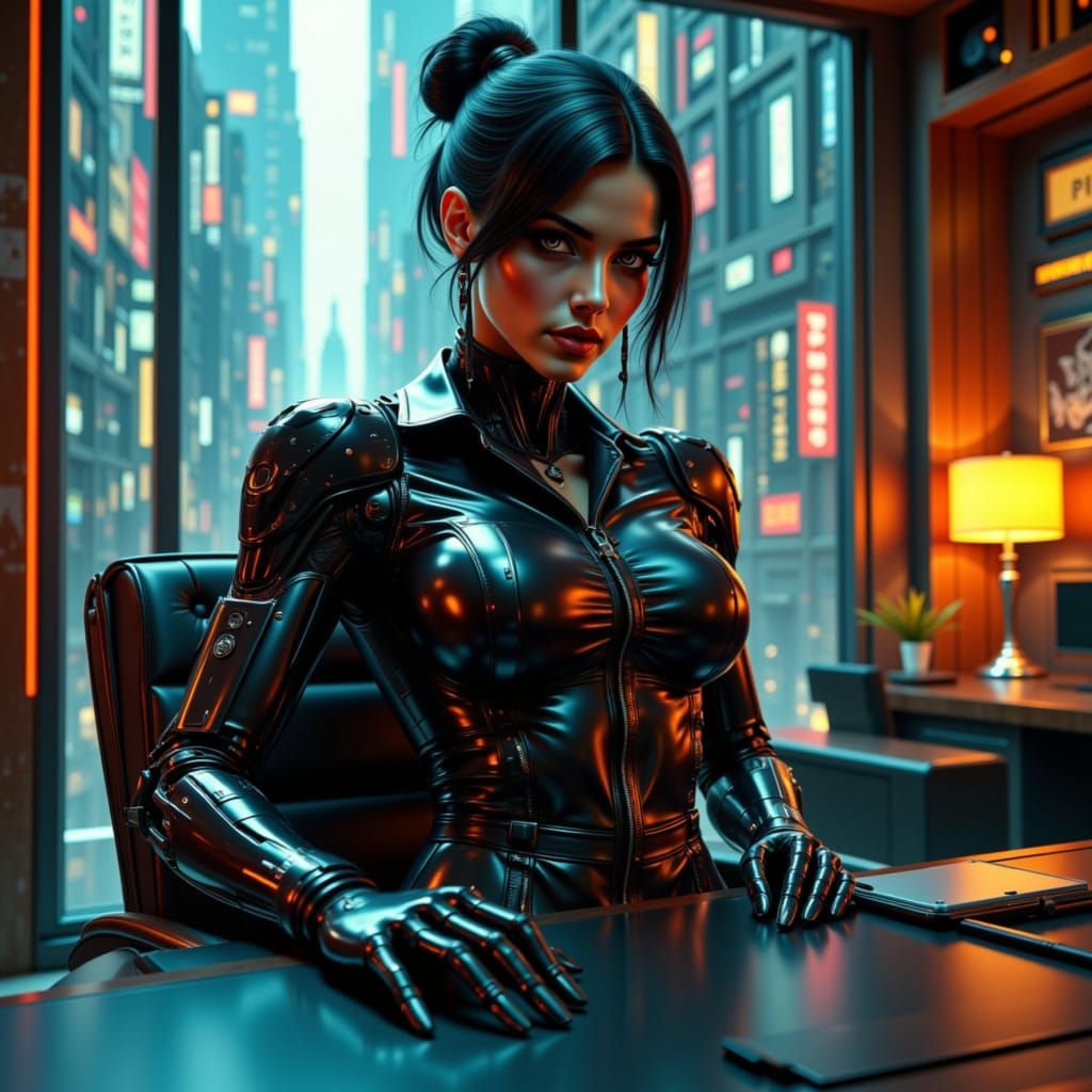 Cyborg Woman Domme in Cyberpunk Office
