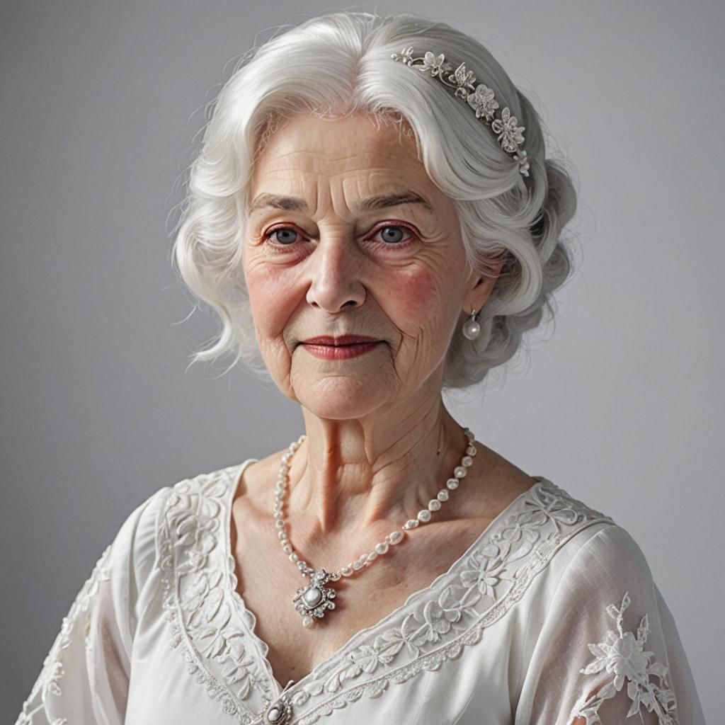 A very beautiful granny, snow-white hair. She wears a very b...