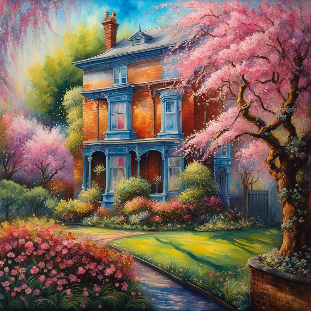 Victorian House Garden Painting in Watercolour Style