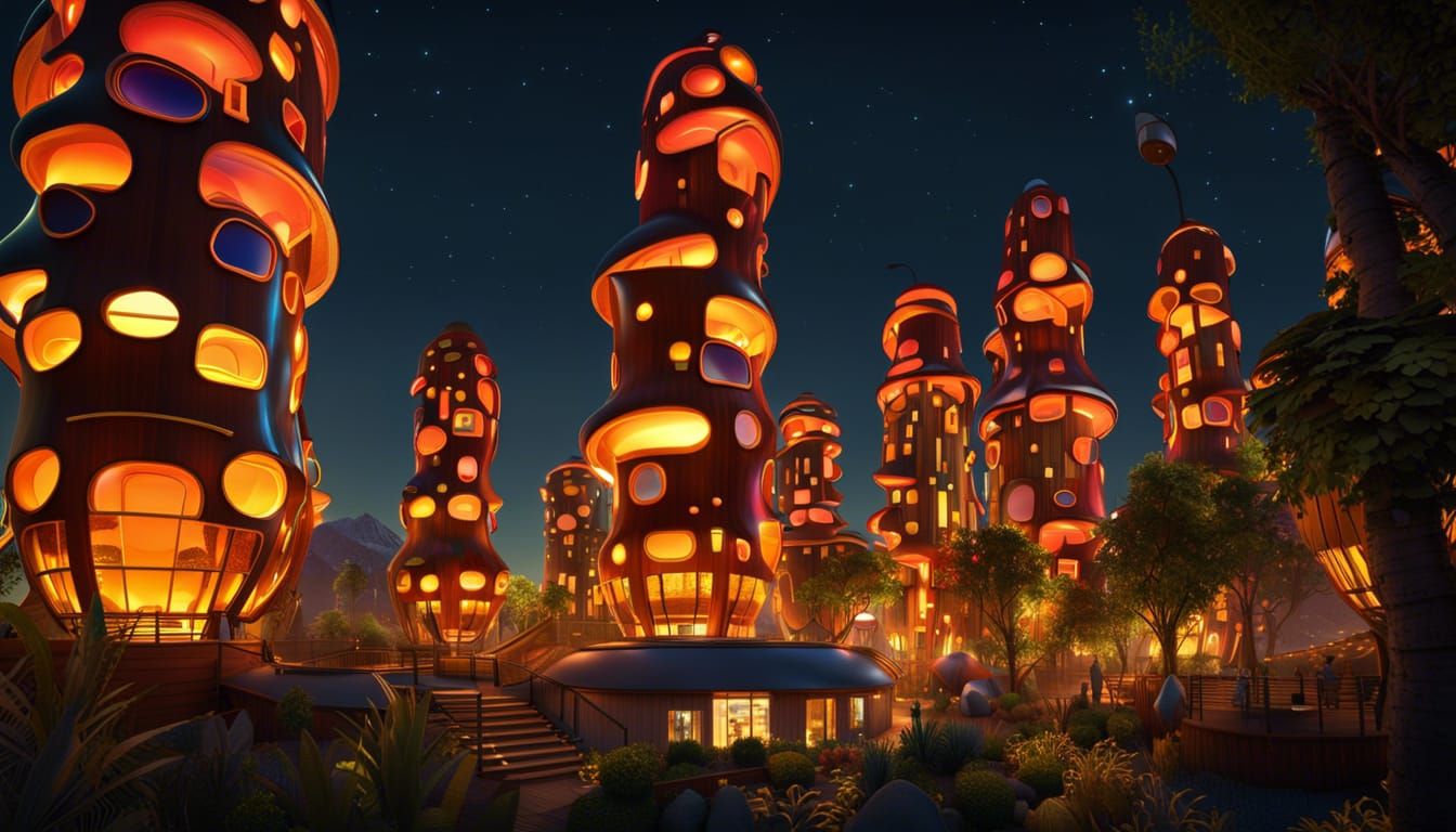 Retrofuturist Town with Lava Lamp Streetlights