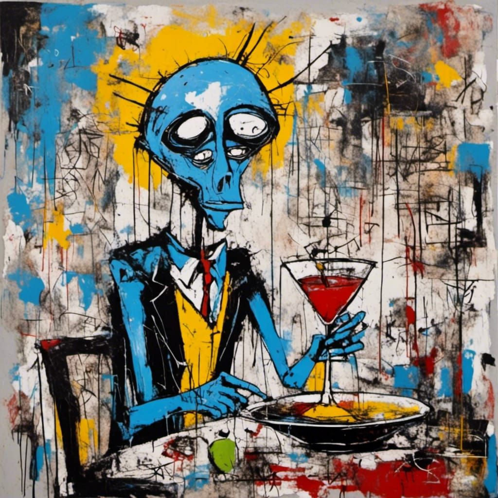 Blue Alien Mixologist in Neo-Expressionist Style
