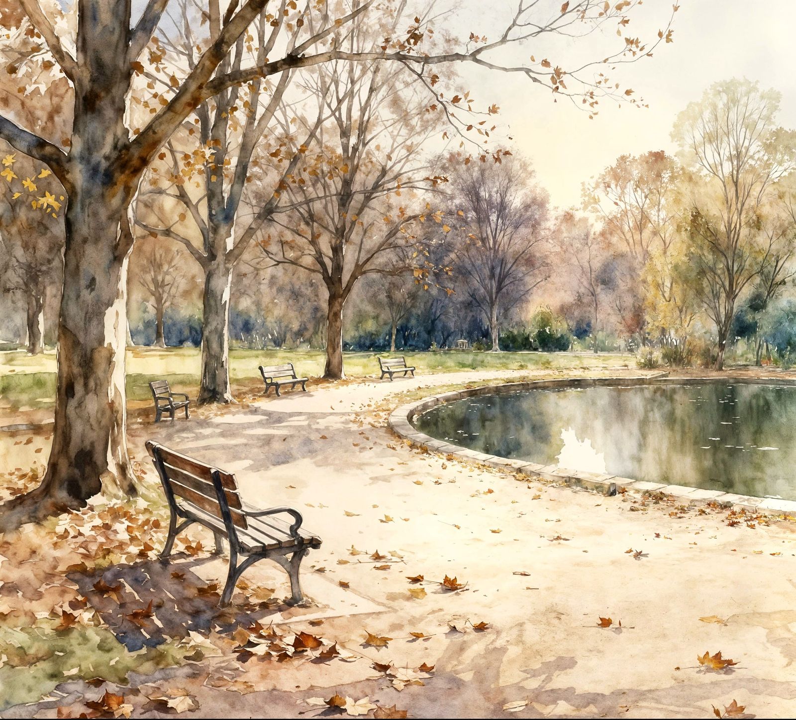 Deserted Park in Autumn Watercolor Style