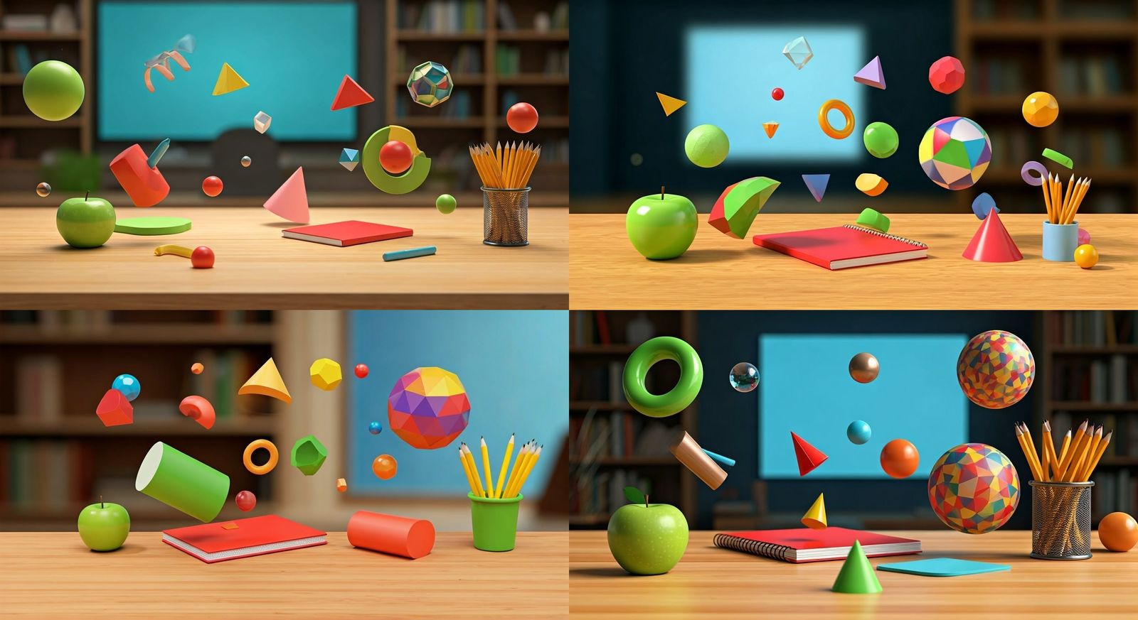 Cluttered Wooden Desktop with 3D Shapes