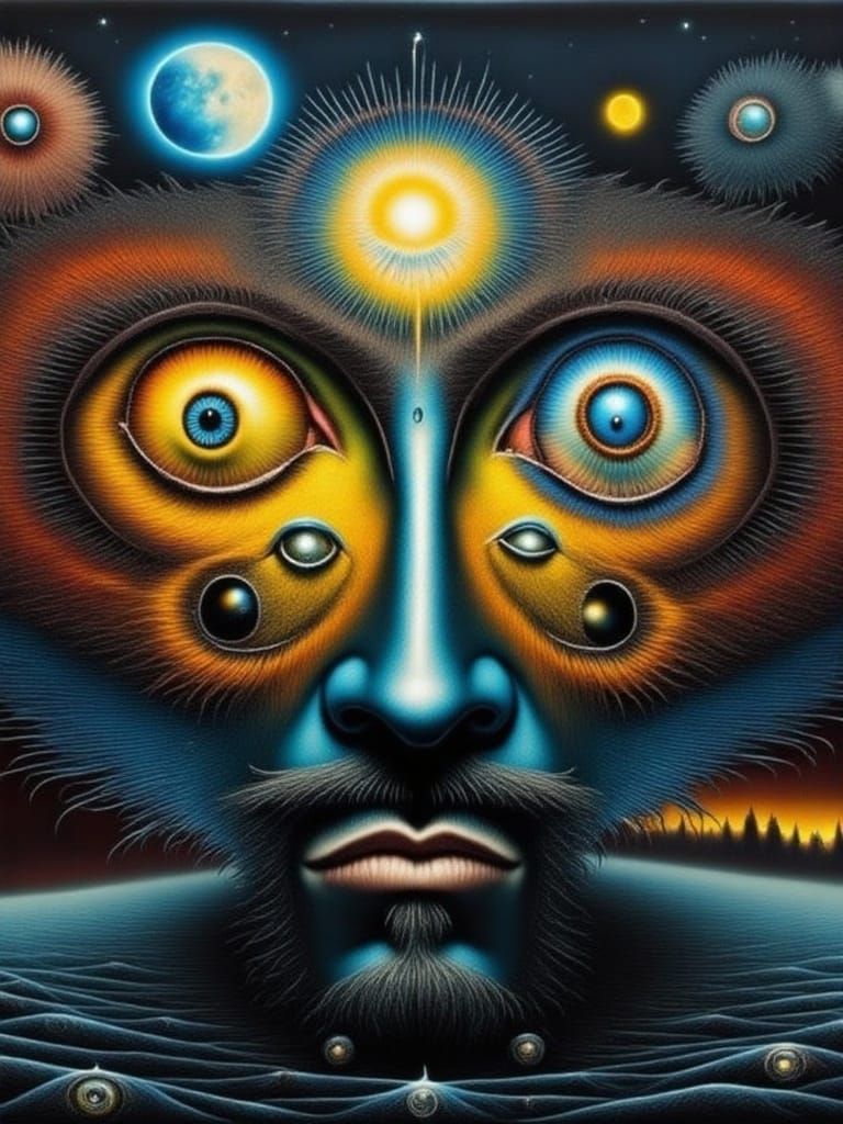 Man Mutation with Peacock, Fractal Face, and Fiery Eyes