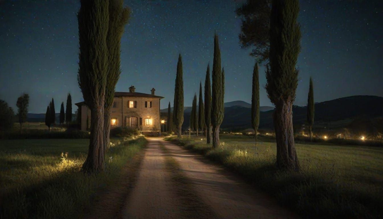 Moonlit Tuscan Countryside Under Cypress Trees