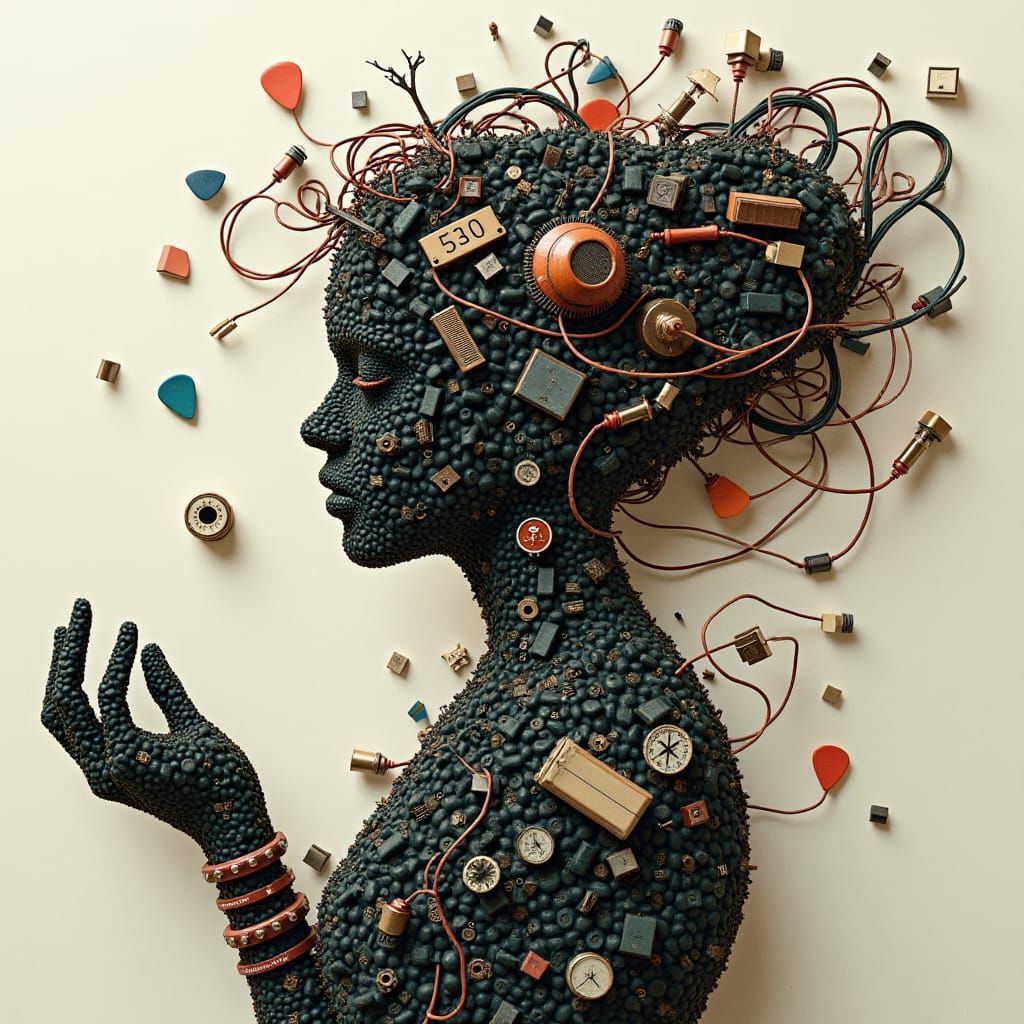 Mystical Silhouette Composed of Keys and Computer Parts