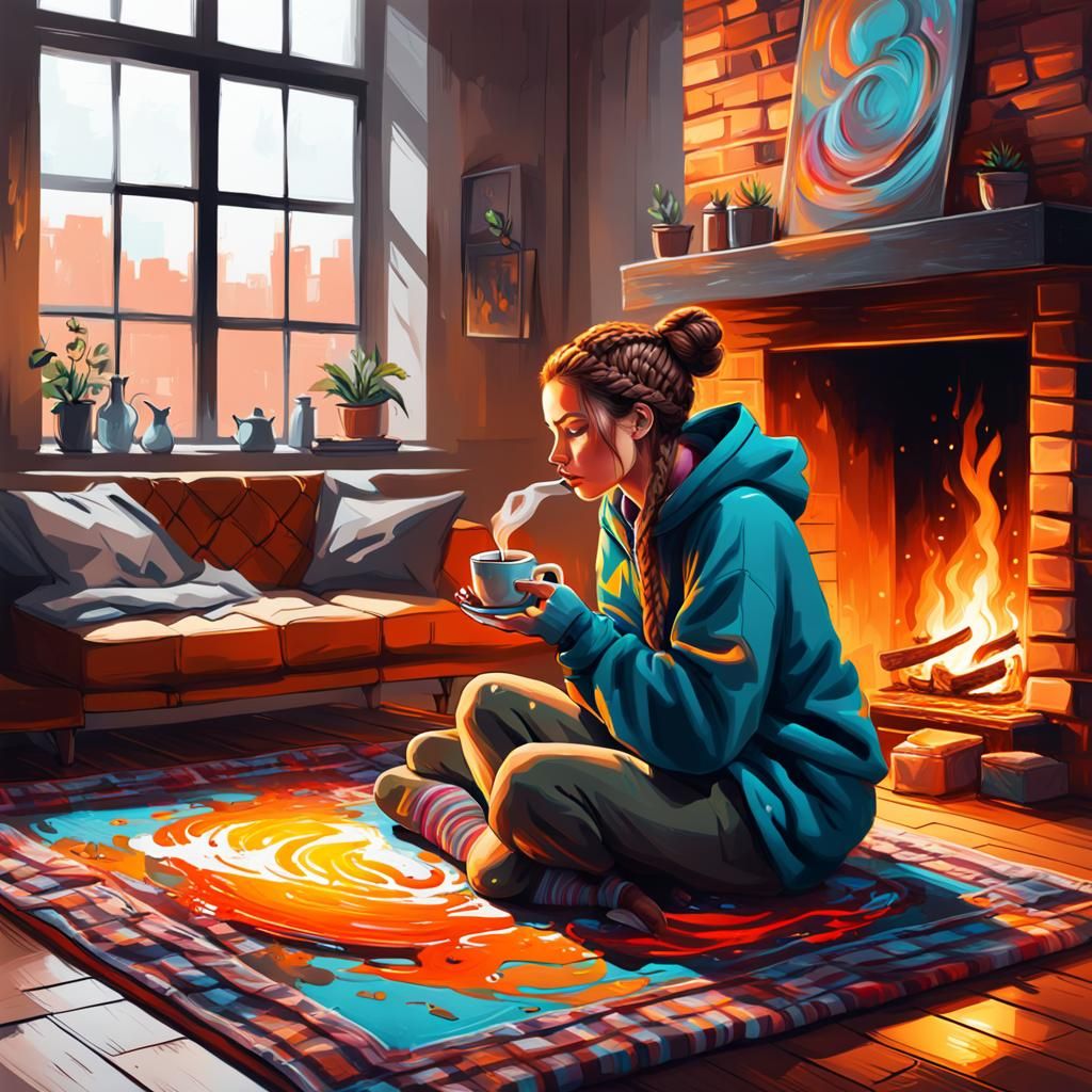 Girl Drinking Tea by Fireplace in Graffiti Style