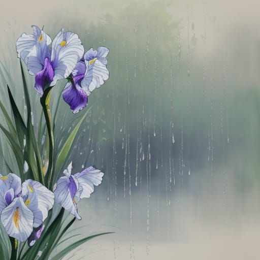 Iris Flower in Rain Japanese Ink Painting