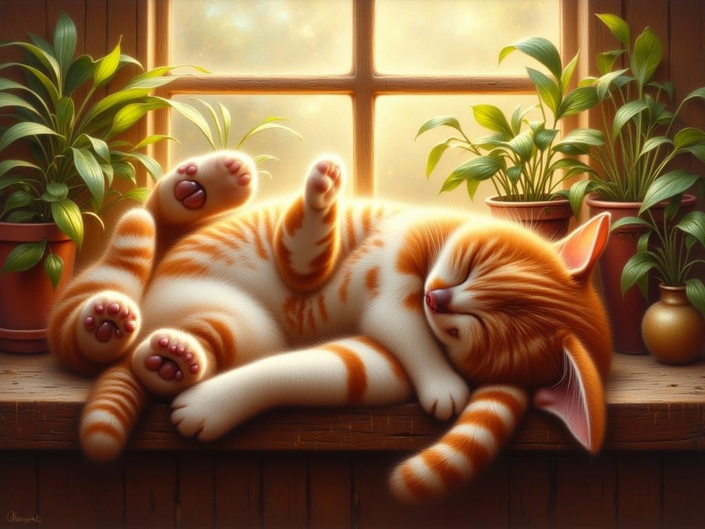 Baroque Painting of a Plump Tabby Cat Sleeping on a Sunlit W...