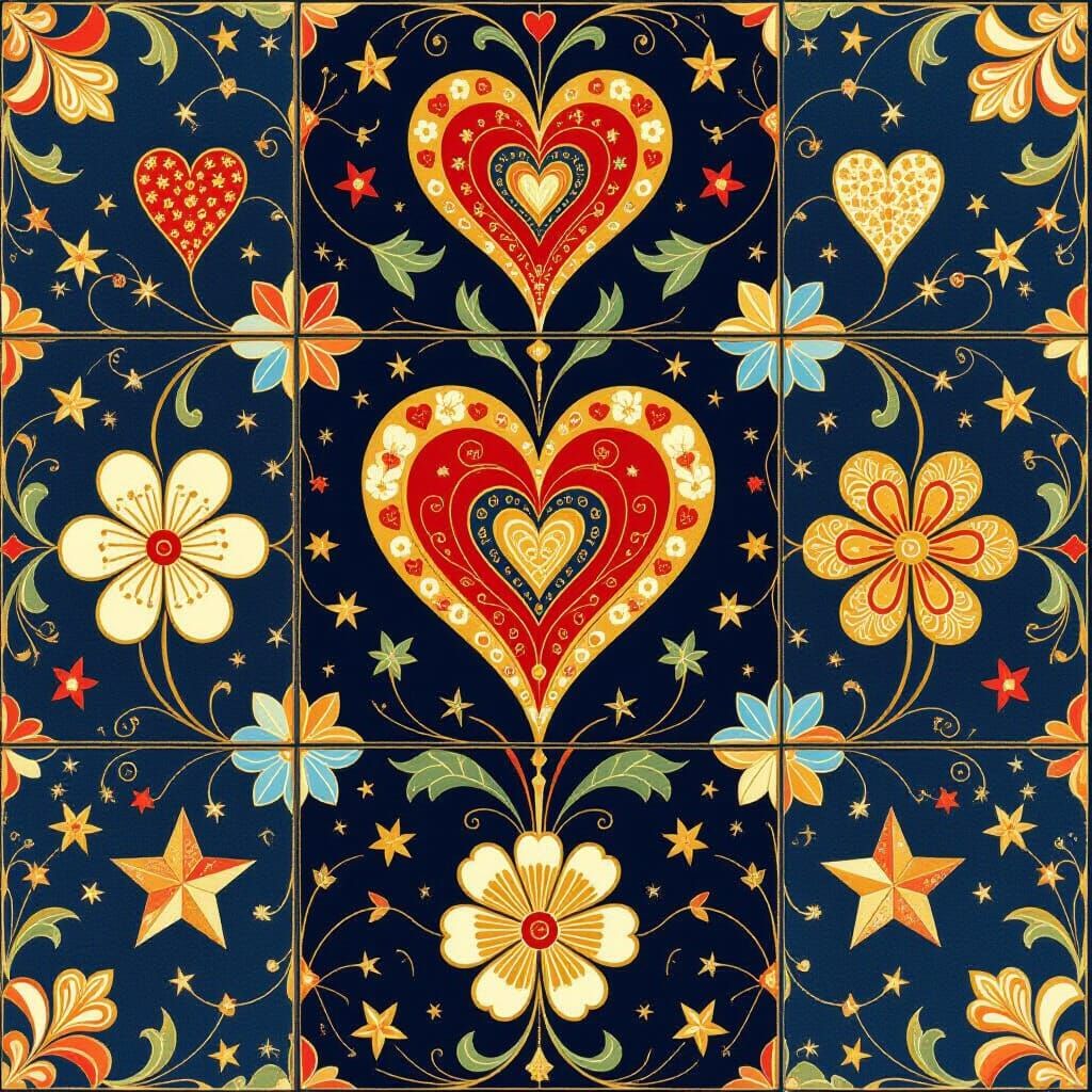 Whimsical Tiles with Hearts, Flowers, and Stars