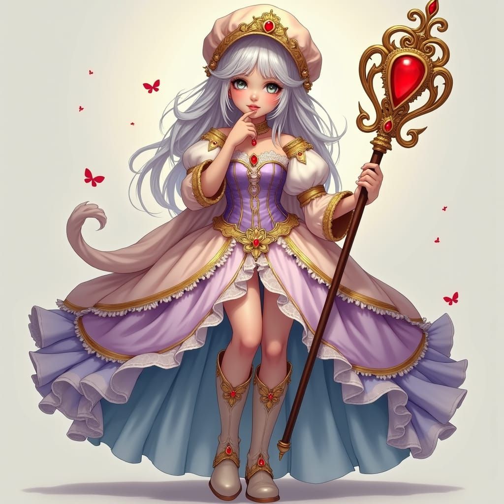 Silver-Haired Woman in Fantasy Gown with Jeweled Staff