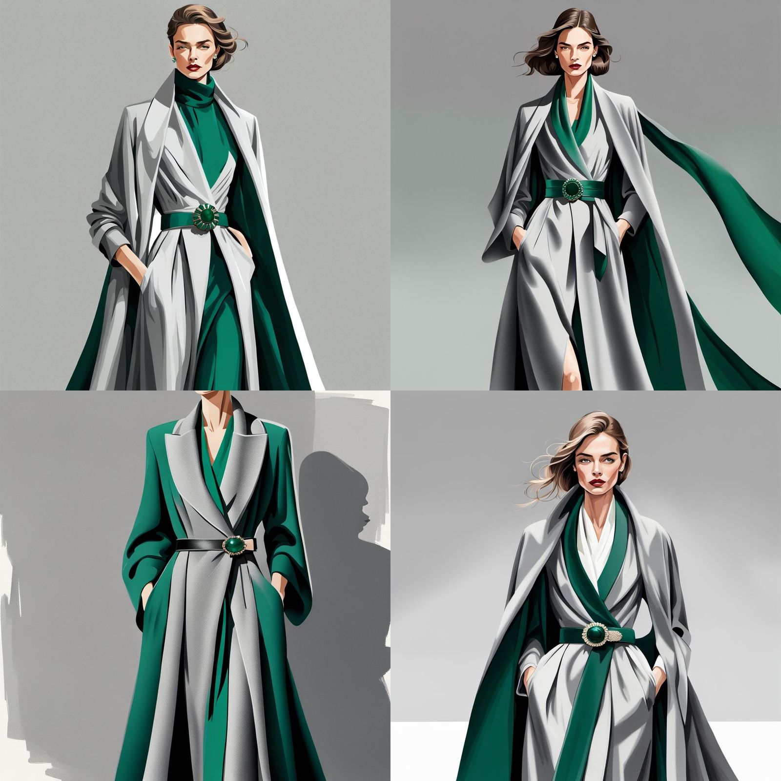 Elegant Gray Fashion Illustration with Emerald Brooch