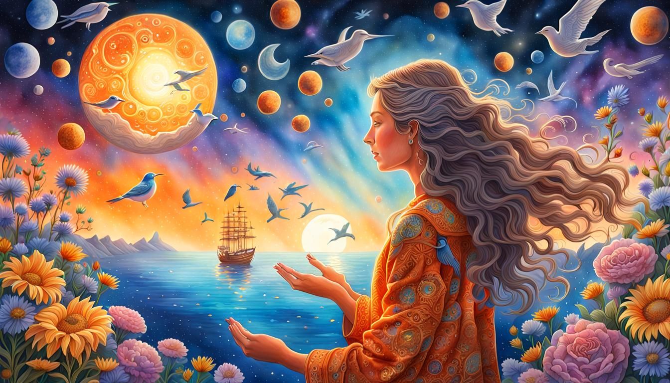 Woman Holding Galaxy in Watercolor Universe