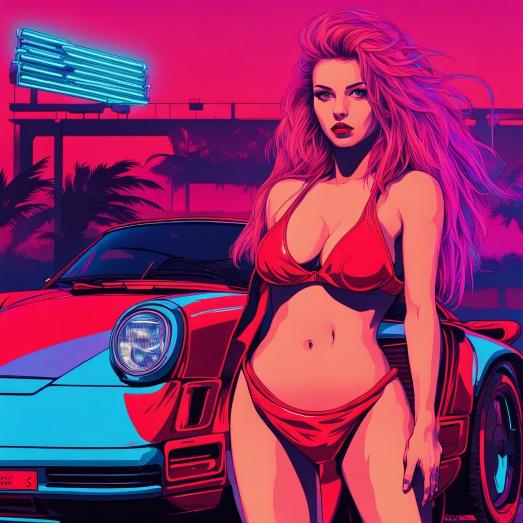 Woman with Porsche 959 in Synthwave Style