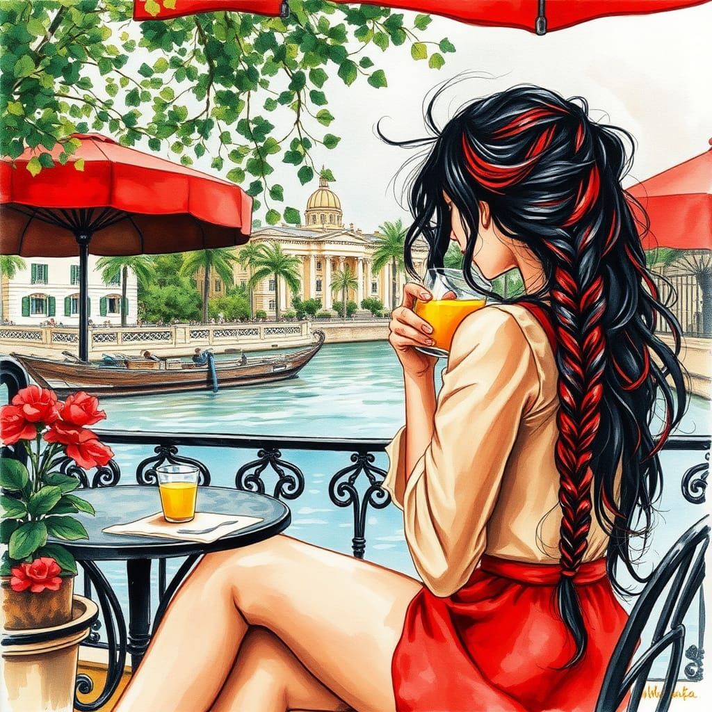 """Stunning woman,  wavy black red  hair, messy  braids, sho...