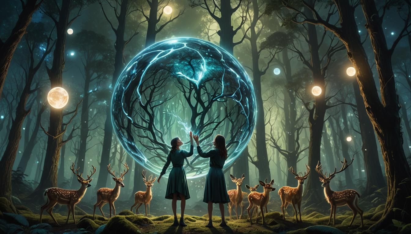 Bioluminescent Woman Reaching for Orb in Digital Art