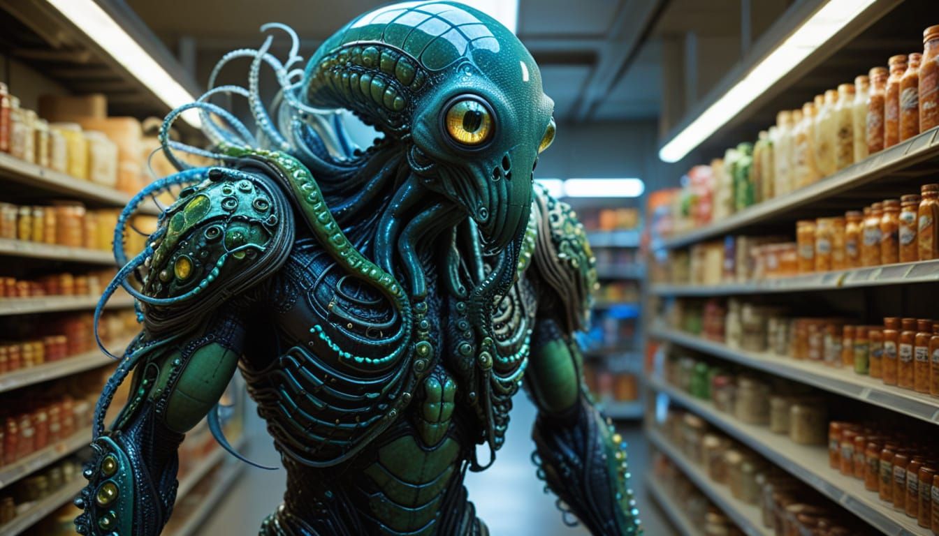 Alien Supermarket: Humorous Pixar-Style Scene