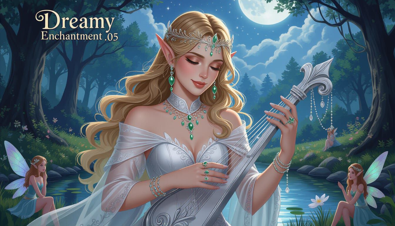 Smiling Elf Woman Plays Lyre in Enchanted Forest
