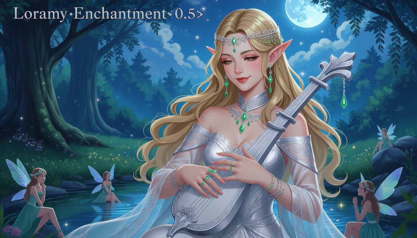 Smiling Elf Woman Plays Lyre in Enchanted Forest