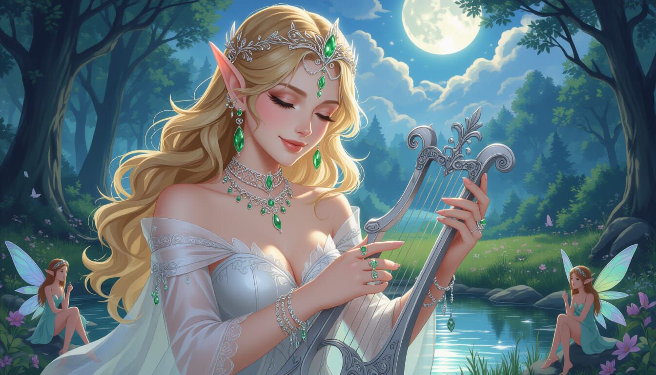 Elf Woman Plays Lyre in Enchanted Forest