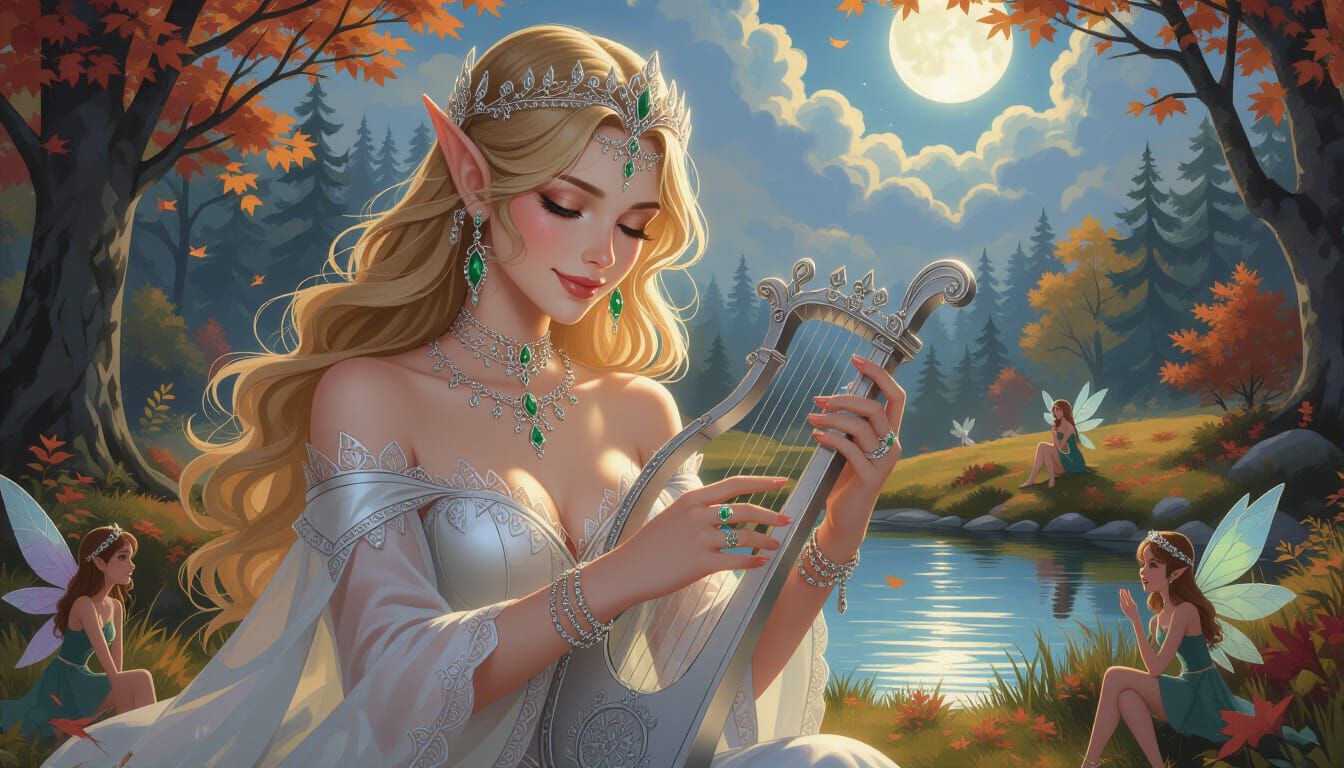 Smiling Elf Woman Plays Lyre in Enchanted Autumn Forest
