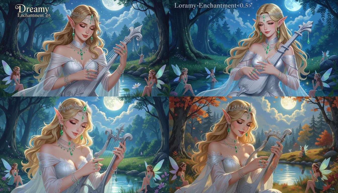 Smiling Elf Woman Plays Lyre with Fairies in Enchanted Fores...
