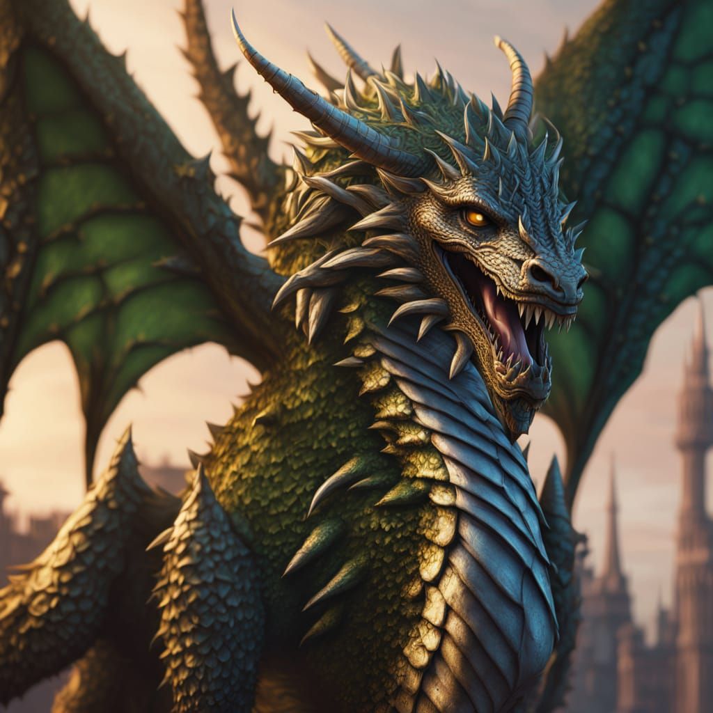 Intricate Thorns Dragon with Golden Trim in Deep Blue