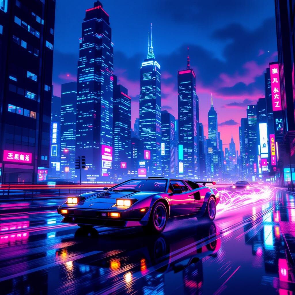 Synthwave Cityscape at Twilight with Neon Lights