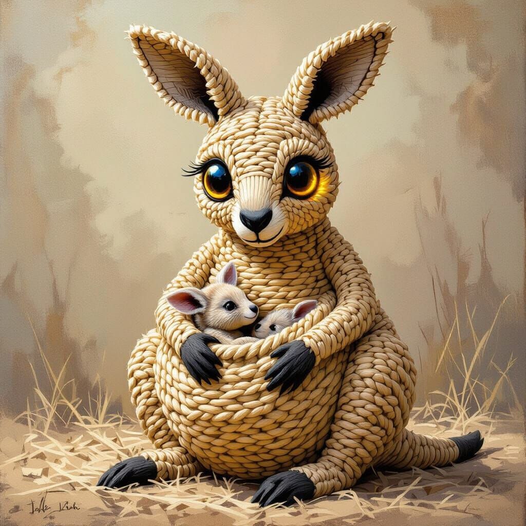 Rope Kangaroo Tenderly Holds Joey