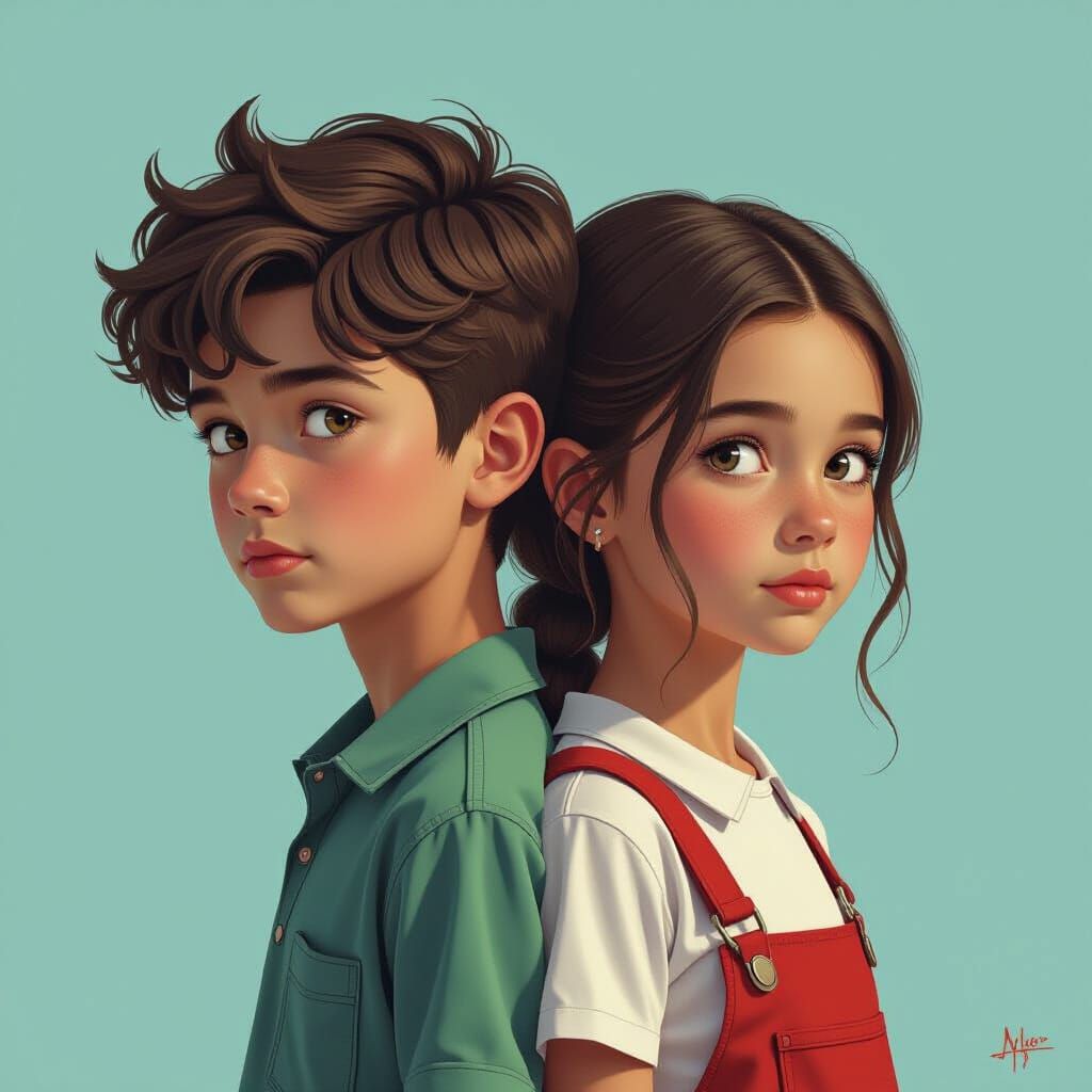 Boy and Girl Split Portrait in Matte Painting Style