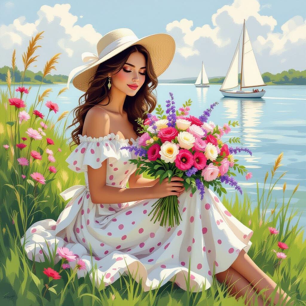 Woman with Wildflowers in Digital Painting Style