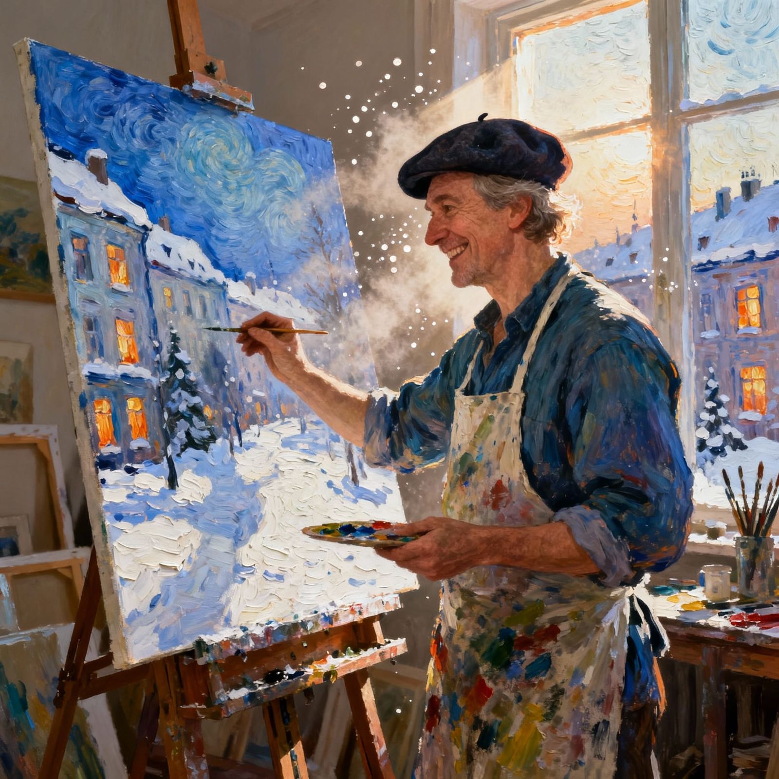 Impasto Painting of Artist Creating Snowy Cityscape