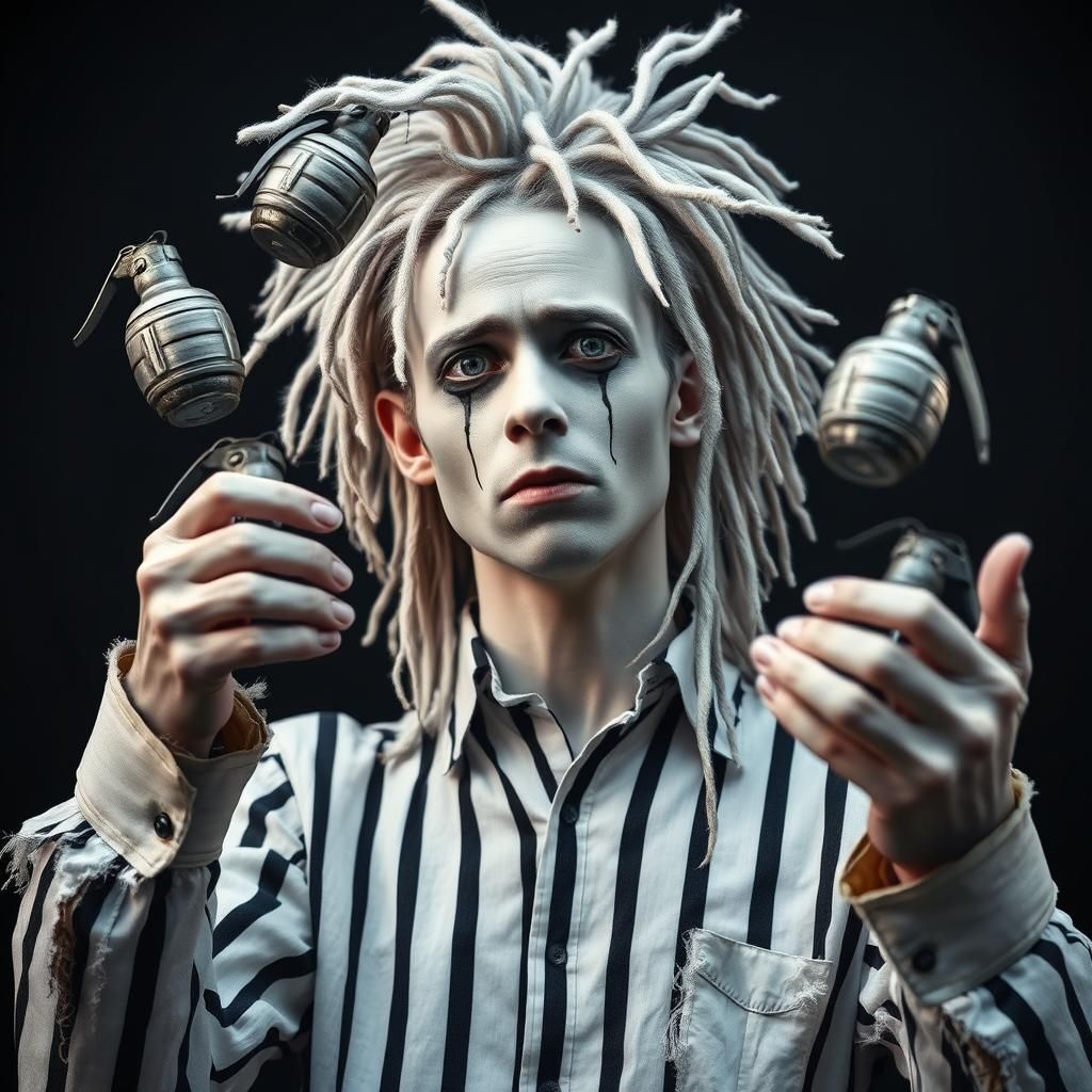 Albino Mime Juggling Grenades in Surreal Style