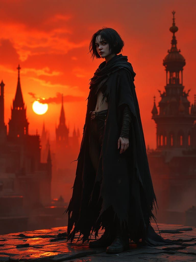 Gothic Fantasy Figure in Apocalyptic Sunset Cityscape
