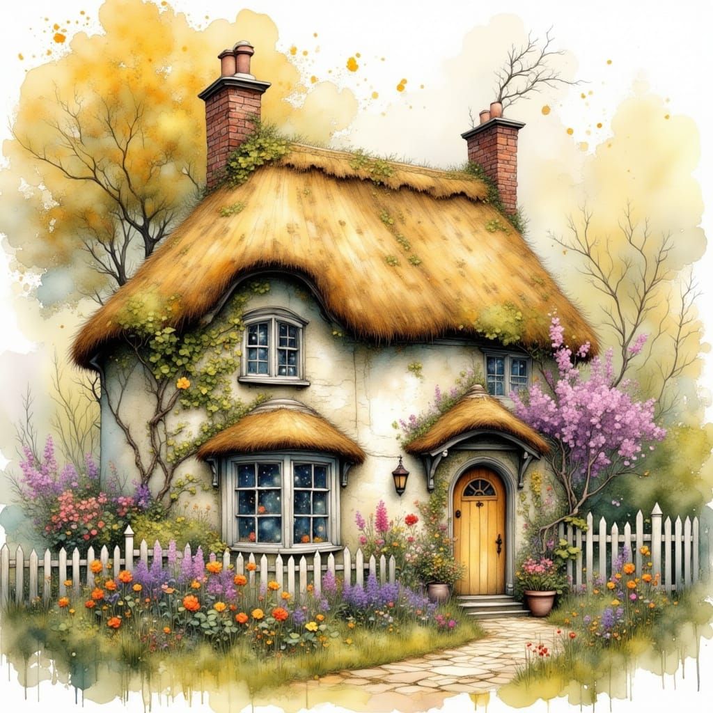 Charming English Cottage in Watercolor with Floral Garden