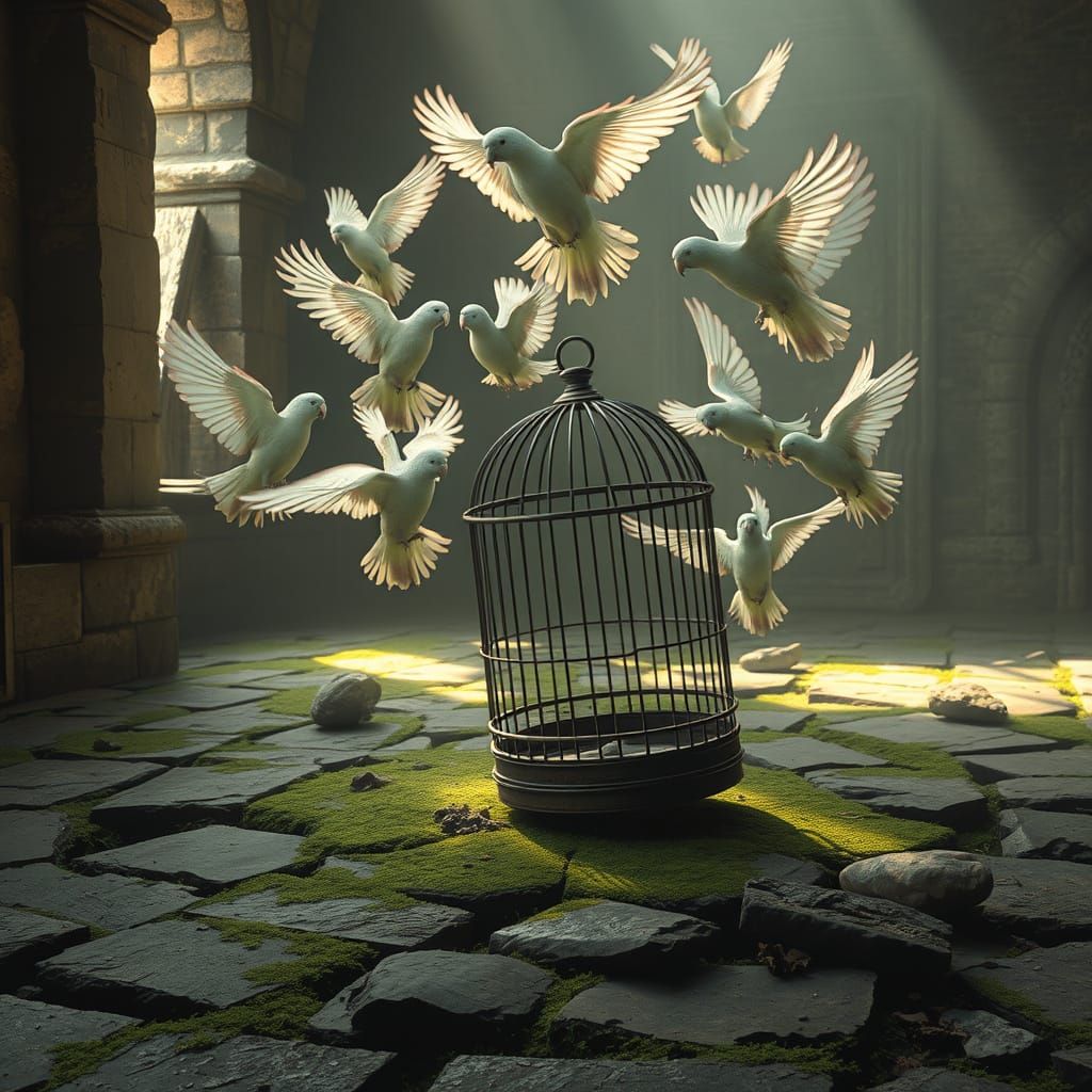 Spectral Parrots Escape Shattered Cage in Ethereal Ruin