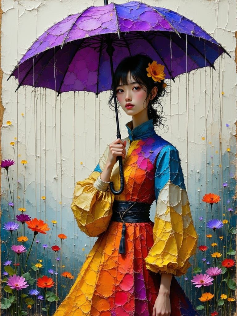 Portrait of a Lovely Woman in a Colorful Dress Under Rainy F...