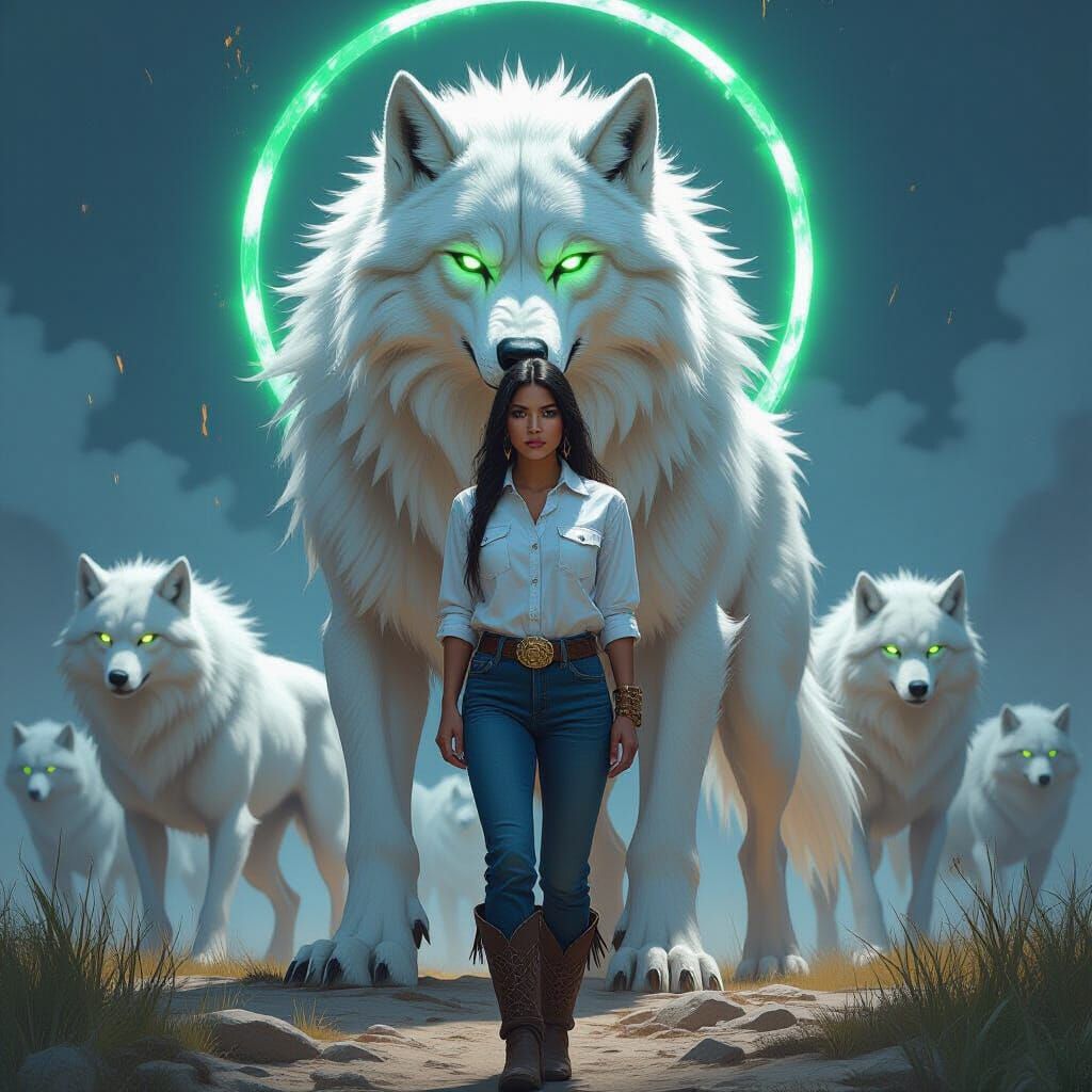 White Dire Wolves Protect Native American Woman