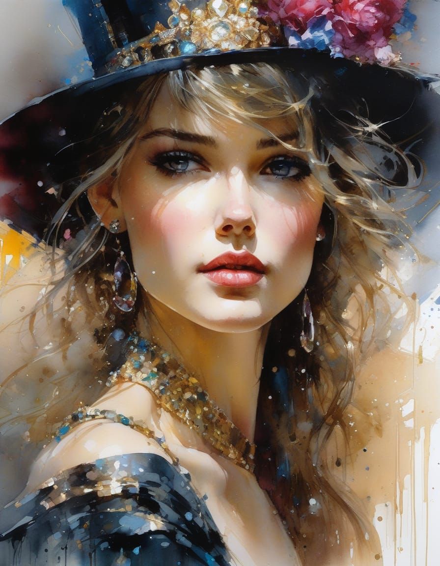 Glamorous Hollywood Starlet Portrait in Watercolor