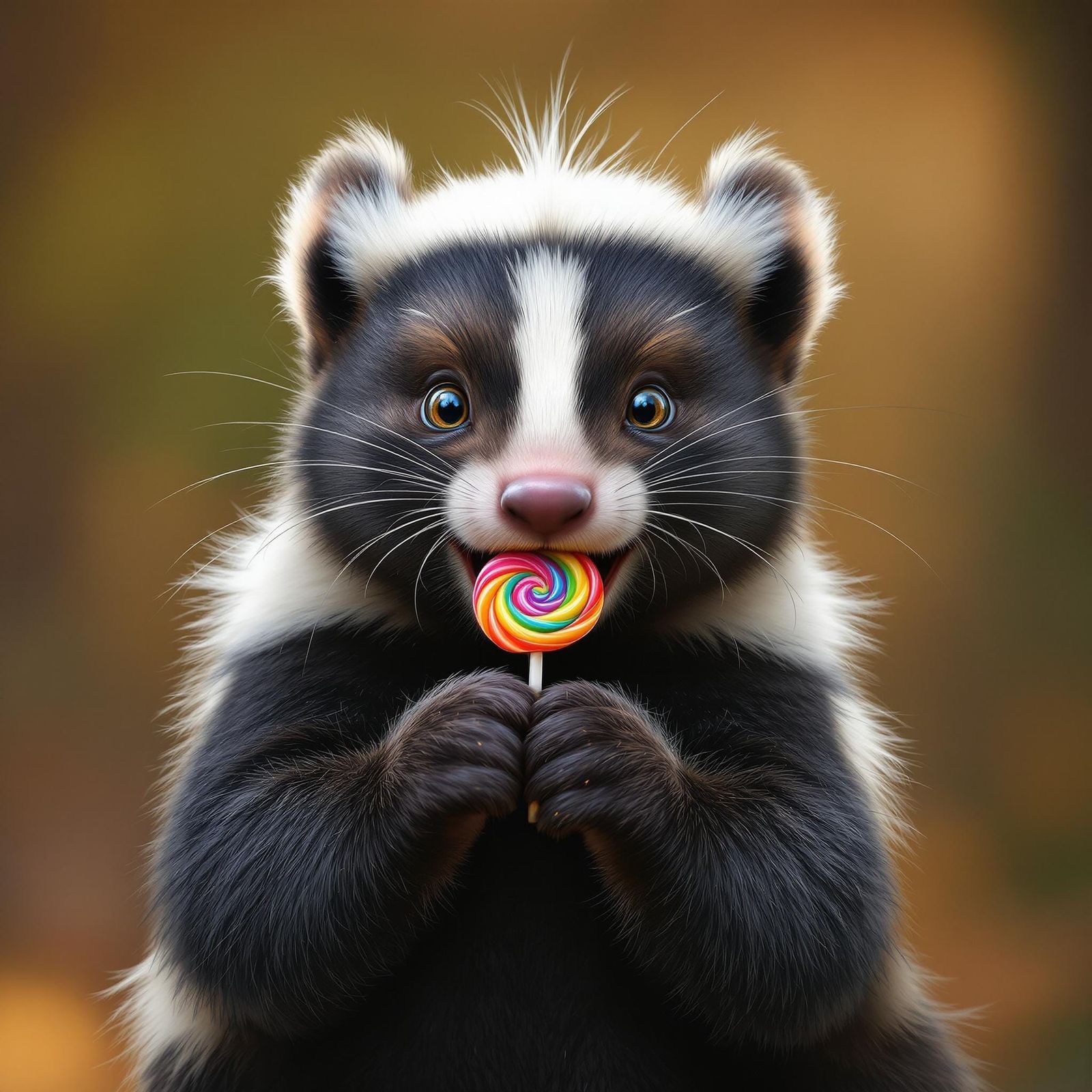 Joyful Skunk Savoring Lollipop in Realistic Wildlife Portrai...