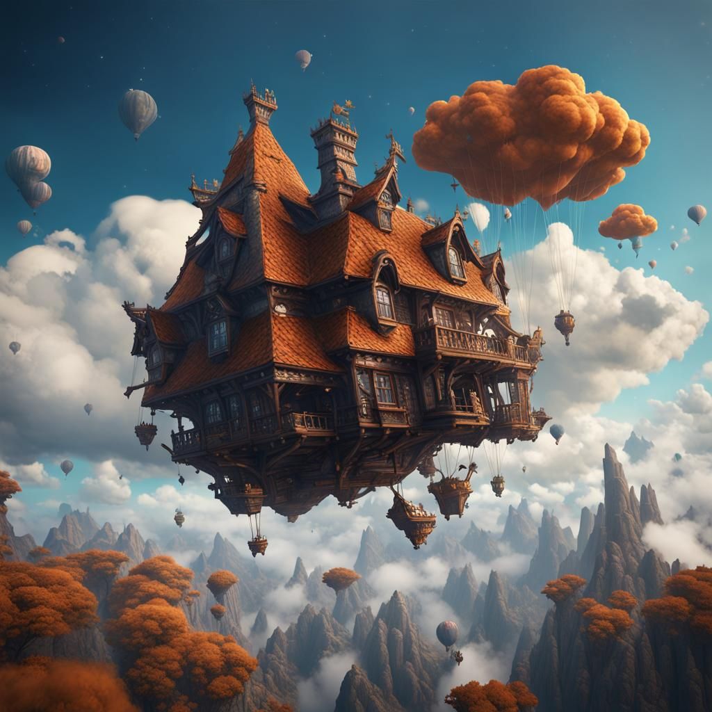 Whimsical Flying House Soaring Through Clouds