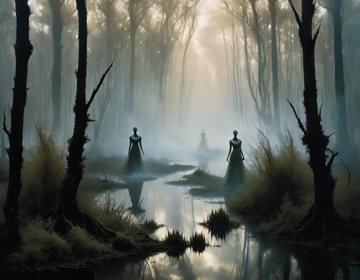 Ethereal Figures Dance in Misty Marsh