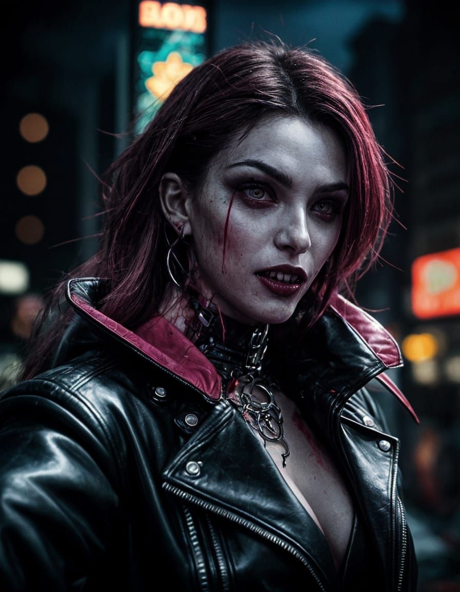 Cyberpunk Vampire Influencer Captured in Neon Glowing Citysc...