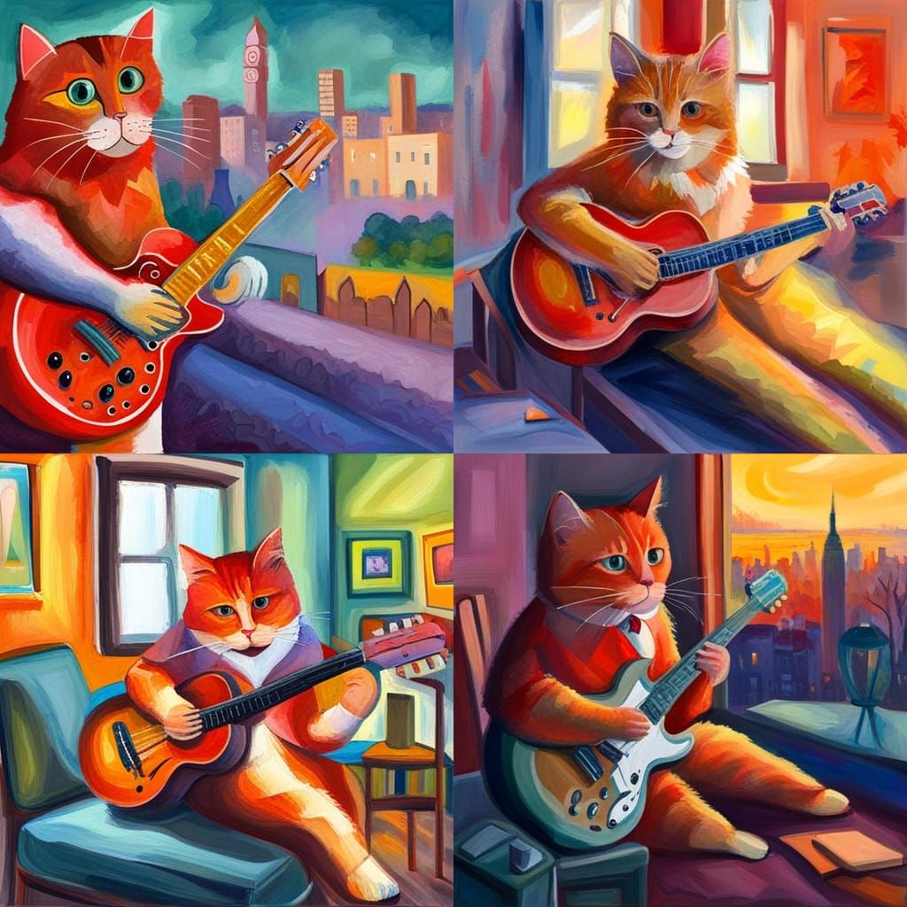 Red Cat Guitarist in Impressionist Gouache Style