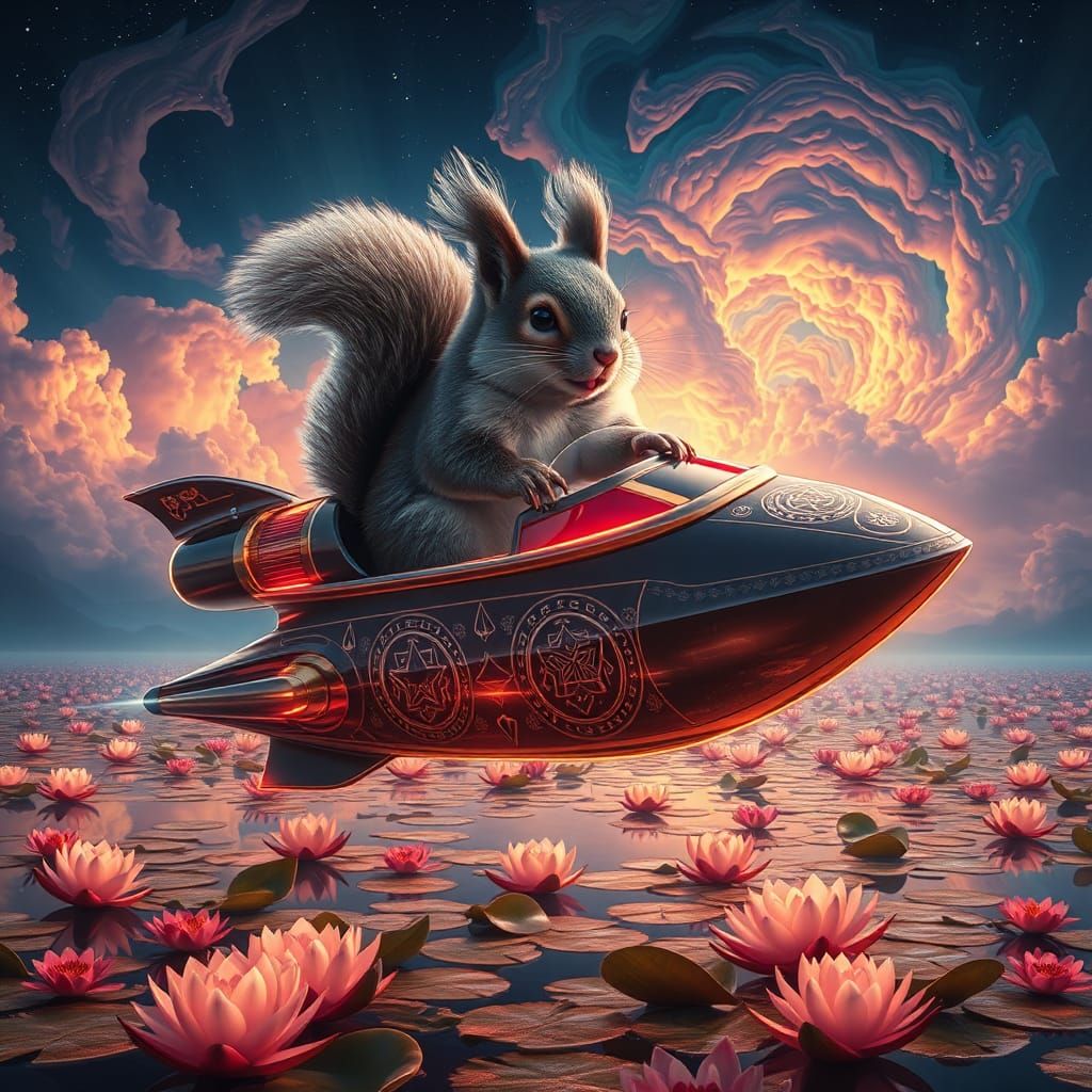 Squirrel in Spaceship Over Flower Lake in Fantasy Style
