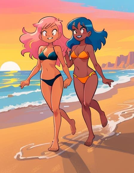 Two cute women wearing bikinis on a sunset beach