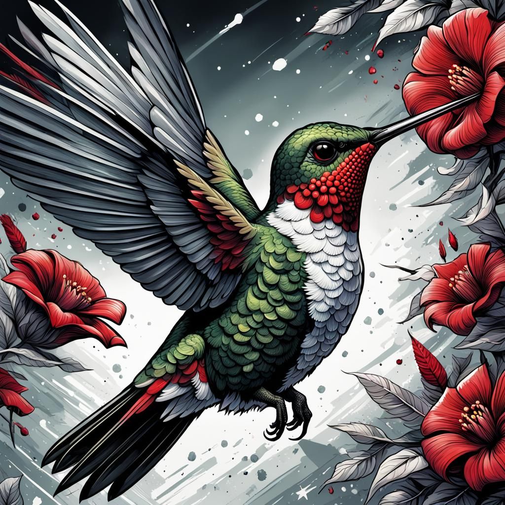 Hummingbird in Flight, Detailed Comic Book Art
