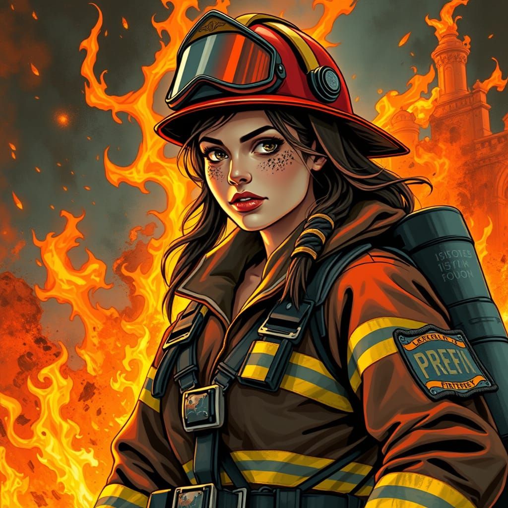 Firefighter Woman Amidst Inferno, Heroic Art Nouveau Style