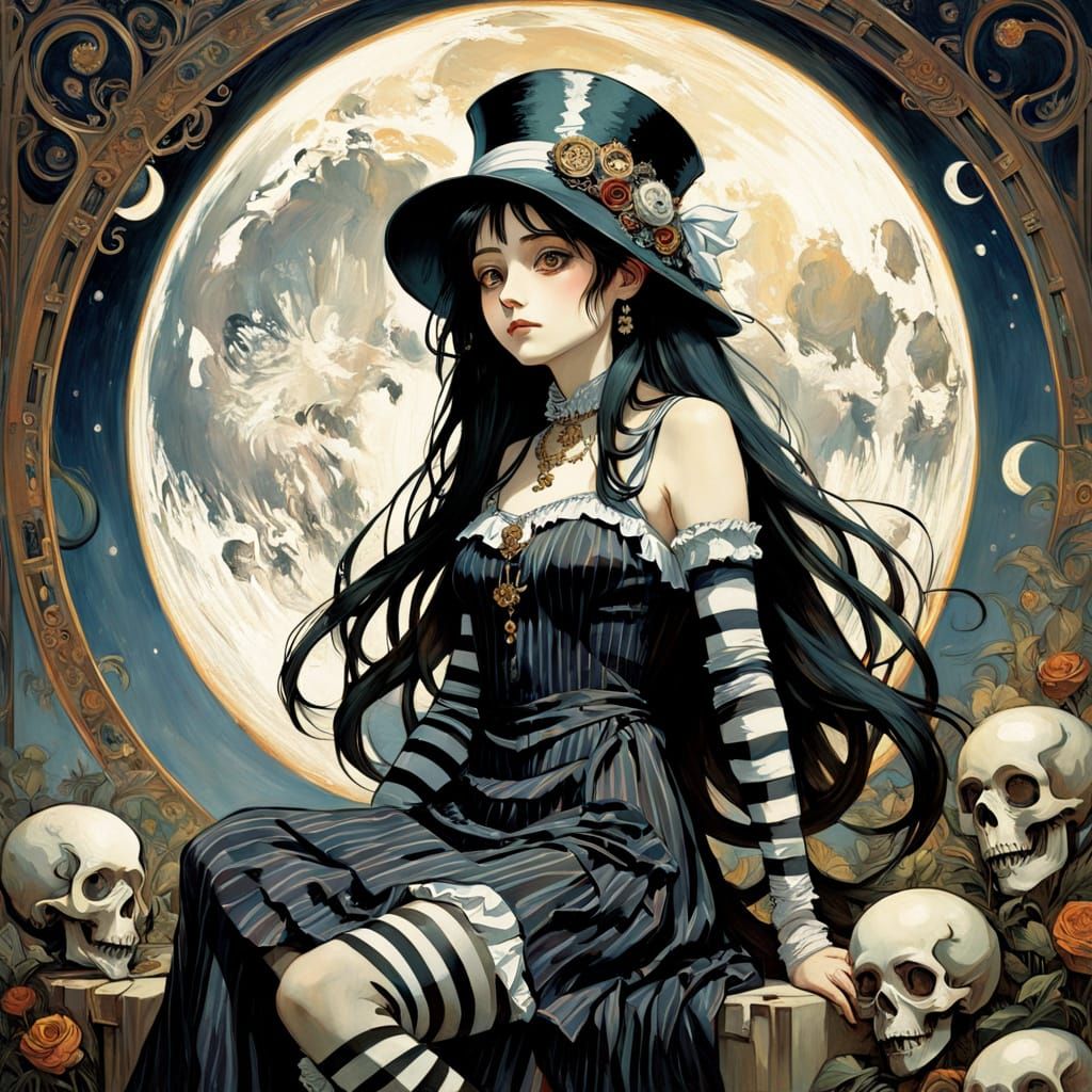 Elegant Anime Oil Painting of a Melancholic Girl in a Chaoti...